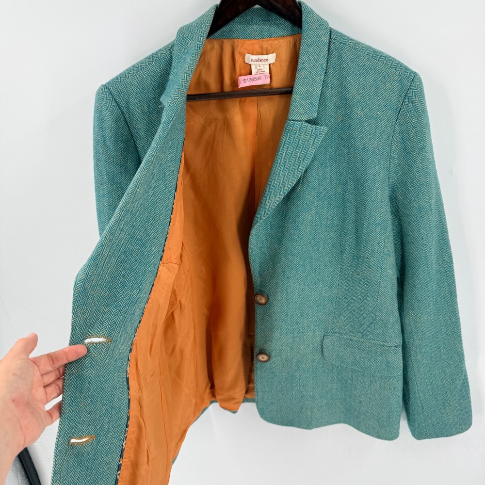 Sundance Wool Viscose Herringbone Blazer Teal Tailored Notch Lapel Size L Large - Picture 6 of 9